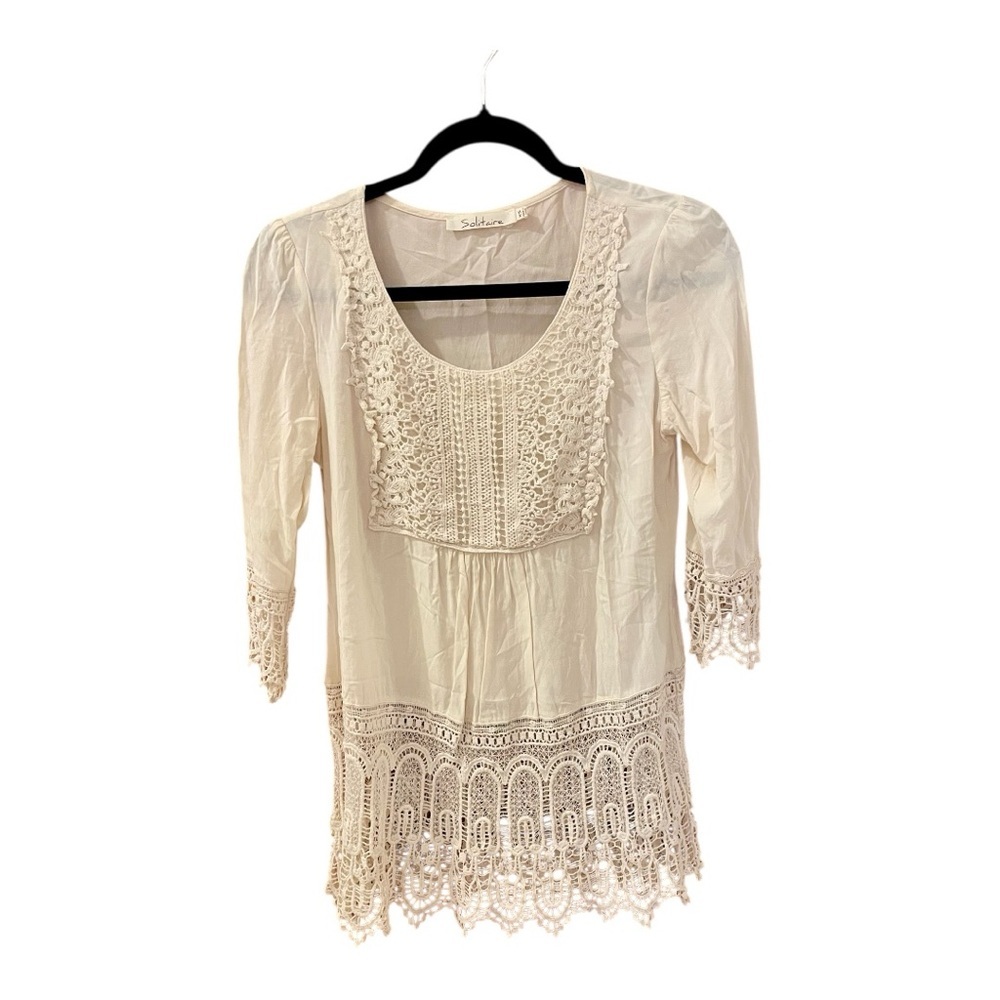 Solitaire Tunic Crocheted  Lace Top, Size XS, Beige, 3/4 Sleeves, 100% Cotton.